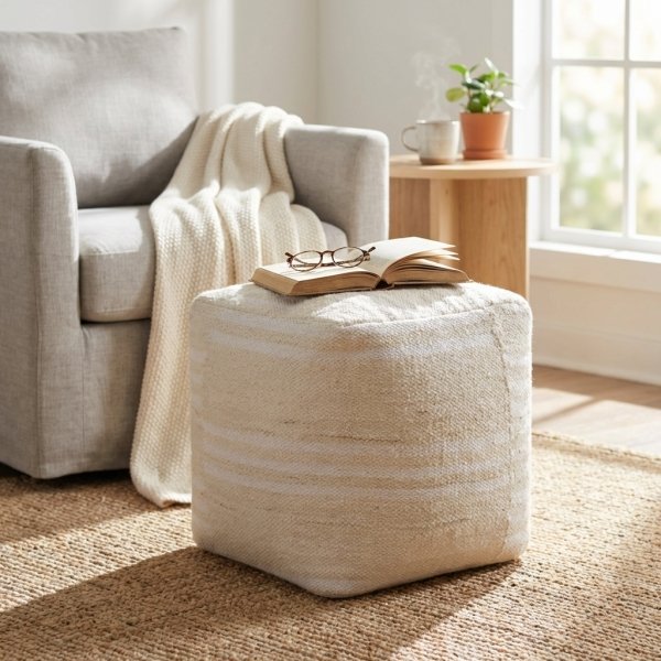 Pouf cubo in lana avorio con decoro 40x40x40 cm - DELOLIA