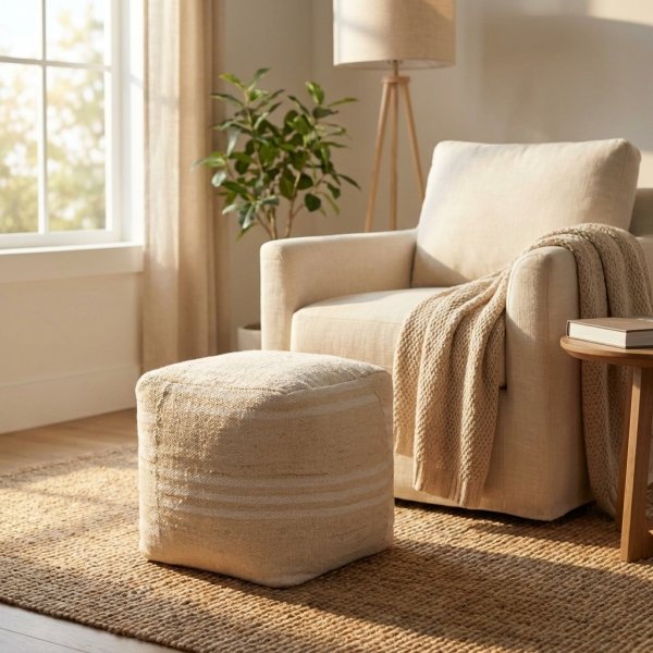 Pouf cubo in lana avorio con decoro 40x40x40 cm - DELOLIA