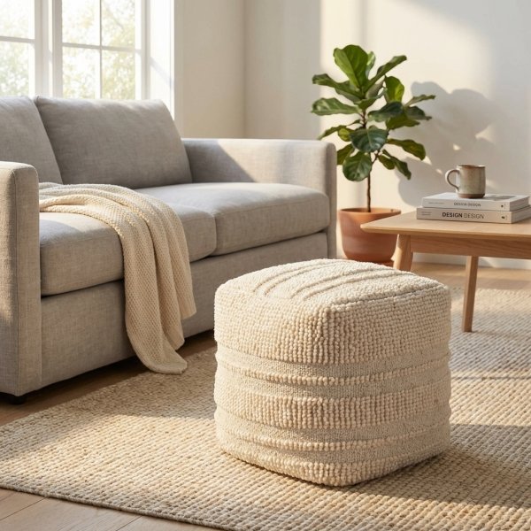 Pouf quadrato in lana avorio con decoro 40x40x40 cm - FALINMIRA