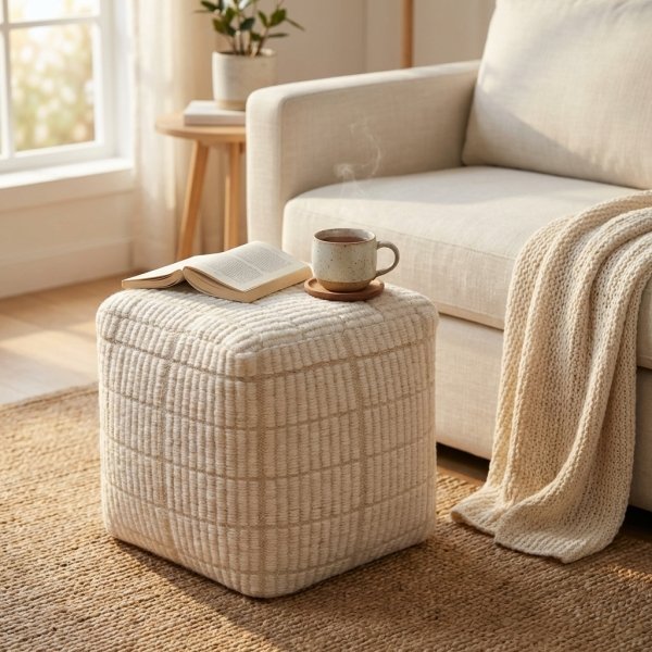 Pouf cubo in lana avorio con decoro a rilievo 40x40x40 cm - ULENZIO