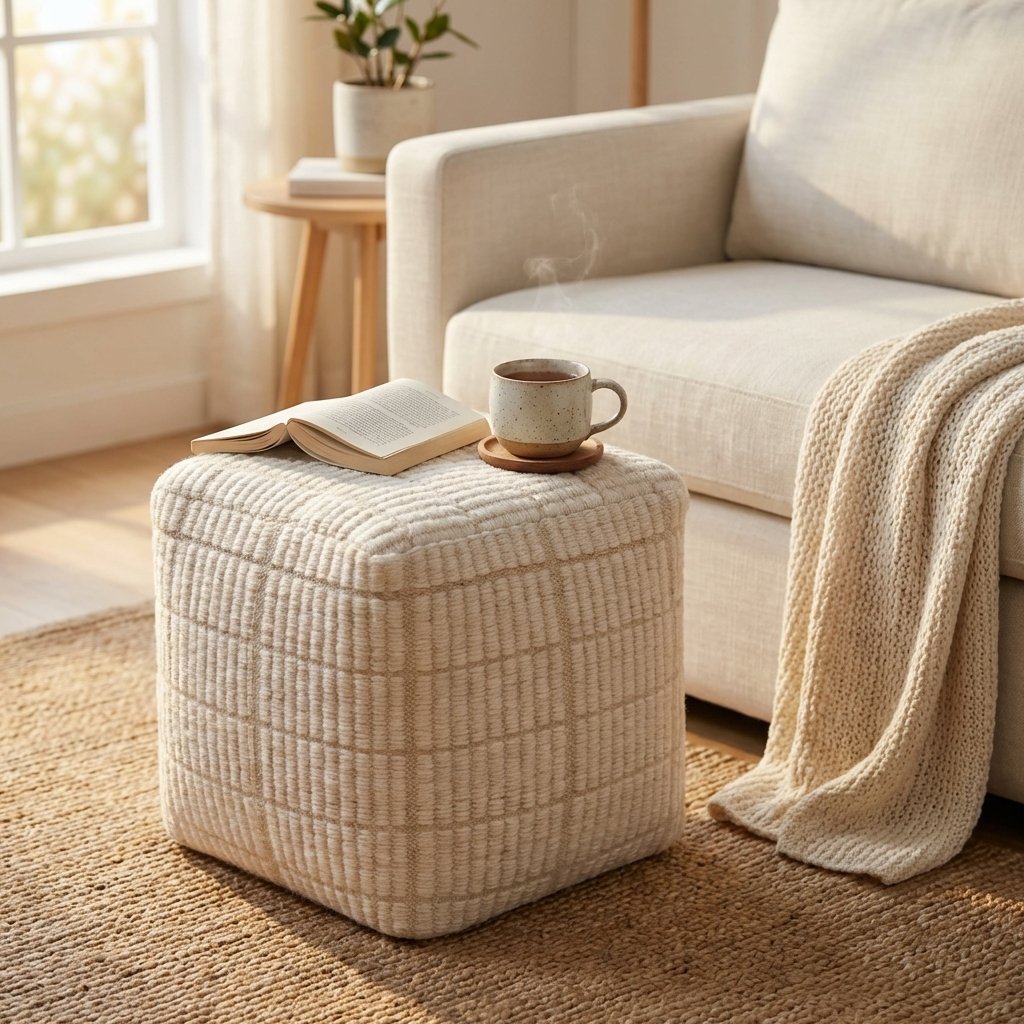 Pouf cubo in lana avorio con decoro a rilievo 40x40x40 cm - ULENZIO Pouf cubo in lana avorio con decoro a rilievo 40x40x40 cm - ULENZIO